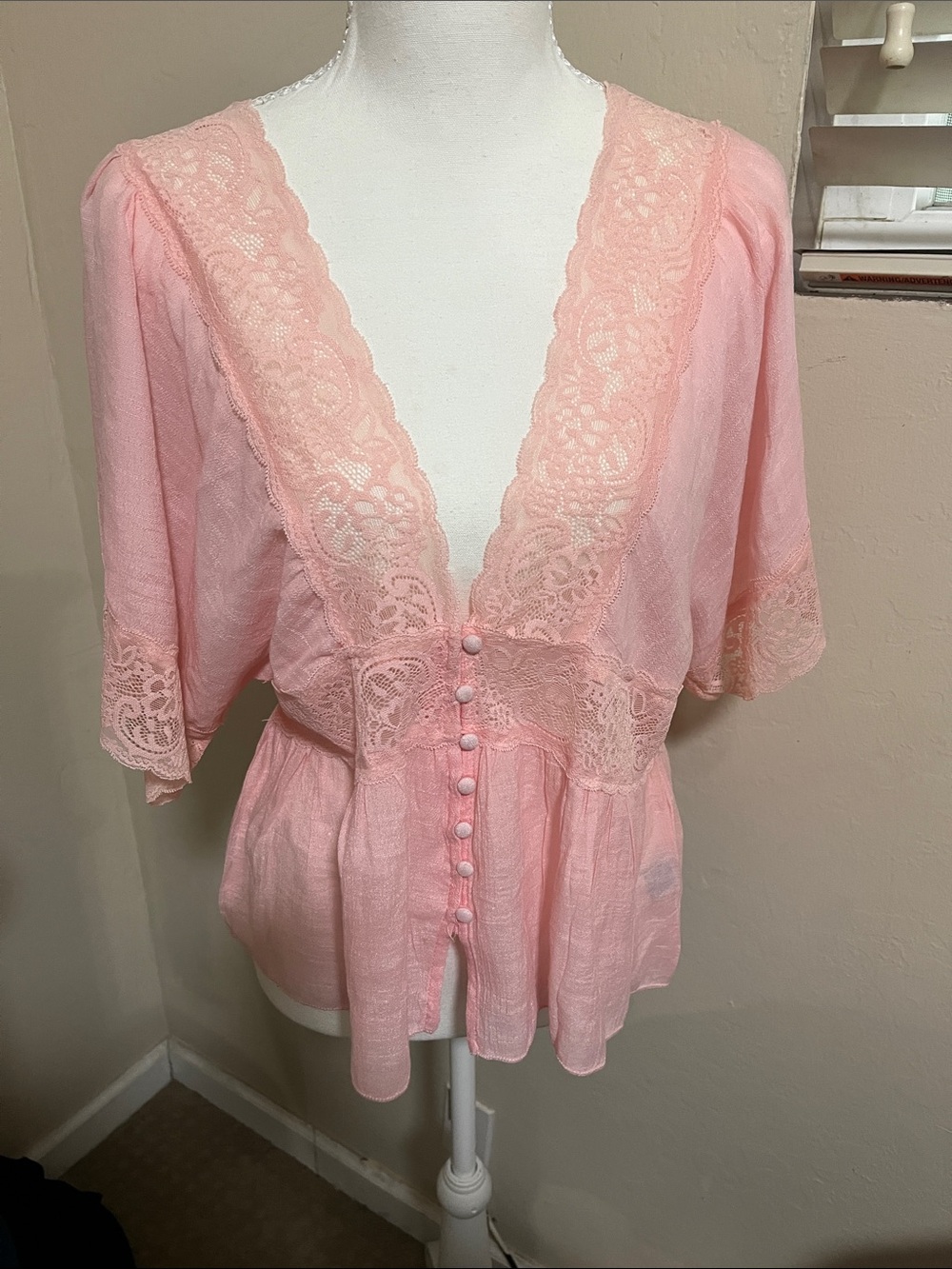 Rebellion Pale Pink Lace-Trim Button Front Robe Top